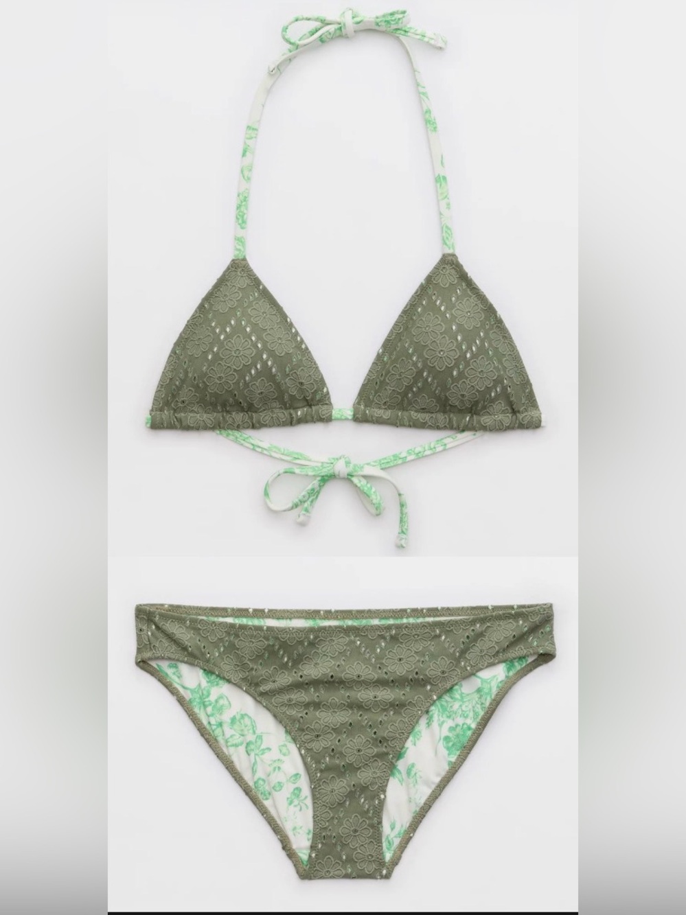 NWT Aerie FULL SET Eyelet String Triangle Bikini Top + Full Coverage Bottom - S